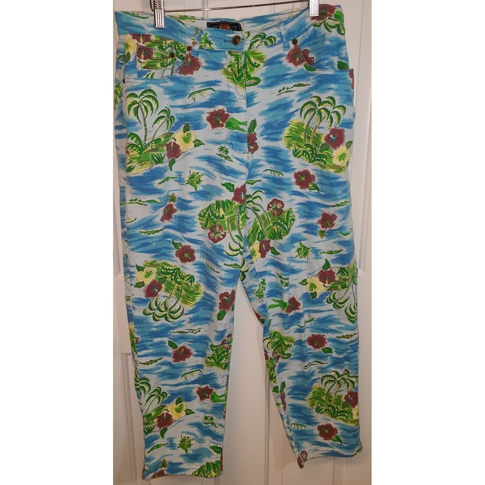 Vtg Route 66 Women's Pants‎ Size 13/14 Blue Tropical Floral High Rise Stretch